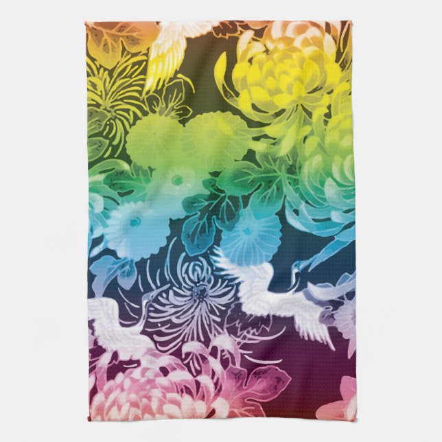 Vintage rainbow flowers and birds tea towel (Vertical)