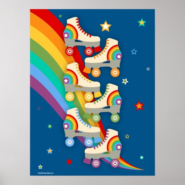 Vintage Rainbow Roller Skates on Blue Poster (Front)