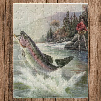 Vintage Rainbow Trout Fish, Fisherman Fishing Jigsaw Puzzle