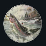 Vintage Rainbow Trout Fisherman Fishing for Fish Dartboard<br><div class="desc">Vintage illustration sports design featuring a fisherman fishing in a river. A rainbow trout is splashing and jumping out of the water.</div>