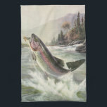 Vintage Rainbow Trout Fisherman Fishing for Fish Tea Towel<br><div class="desc">Vintage illustration sports design featuring a fisherman fishing in a river. A rainbow trout is splashing and jumping out of the water.</div>