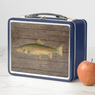 Vintage Rainbow Trout Wood Grain Metal Lunchbox