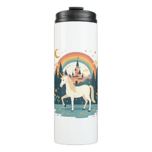 Vintage Rainbow Unicorn Fantasy Design with Castle Thermal Tumbler