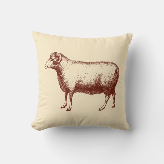 Vintage Ram Sheep Rustic Farm Beige Throw Pillow (Front)