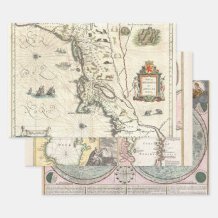 VINTAGE RARE HEAVY WEIGHT MAP TRIO   WRAPPING PAPER SHEET