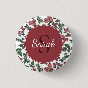 Vintage Raspberry Leaves Illustration Personalised 3 Cm Round Badge