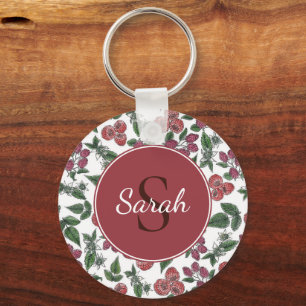 Vintage Raspberry Leaves Illustration Personalised Key Ring