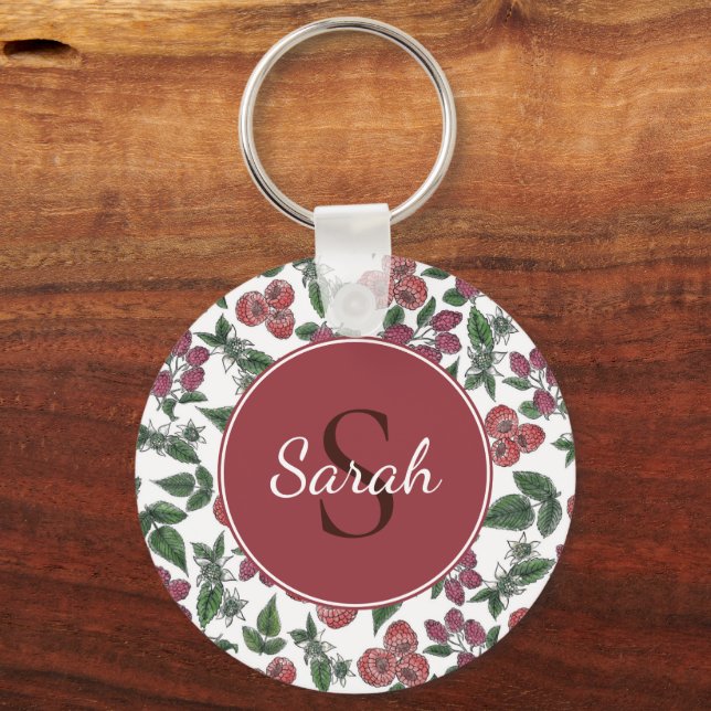 Vintage Raspberry Leaves Illustration Personalised Key Ring (Front)