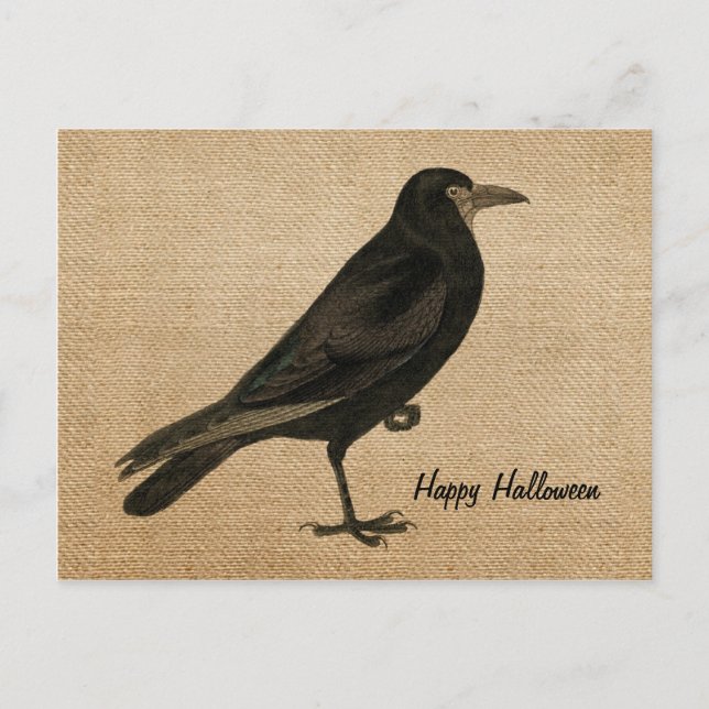 Vintage Raven  Burlap Postcard Personalise (Front)