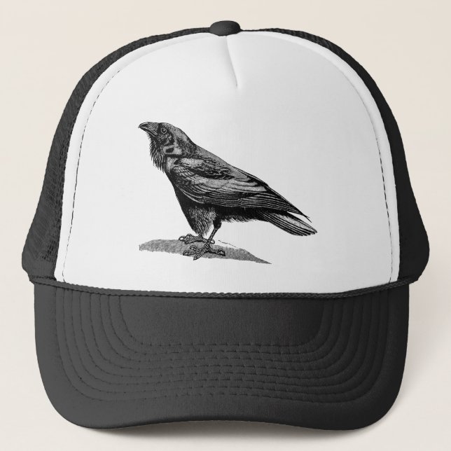 Vintage Raven Crow Blackbird Bird Illustration Trucker Hat (Front)