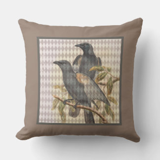 Vintage Raven Ephemera on Taupe Harlequin Pattern Cushion