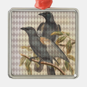 Vintage Raven Ephemera on Taupe Harlequin Pattern Metal Tree Decoration