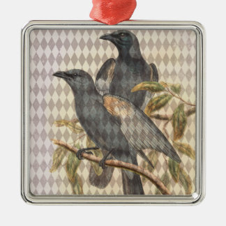 Vintage Raven Ephemera on Taupe Harlequin Pattern Metal Tree Decoration