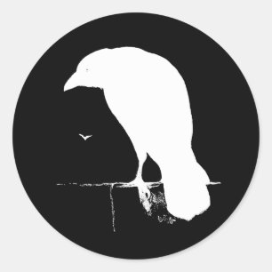 Vintage Raven Silhouette White on Black - Custom Classic Round Sticker