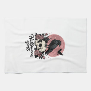 Vintage Raven Skull Halloween Y’all Tea Towel