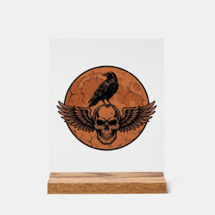 Vintage Raven Winged Skull Orange Moon Vector Desi Acrylic Sign