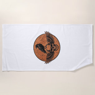 Vintage Raven Winged Skull Orange Moon Vector Desi Beach Towel