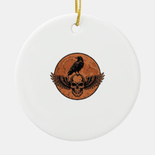 Vintage Raven Winged Skull Orange Moon Vector Desi Ceramic Tree Decoration