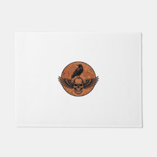 Vintage Raven Winged Skull Orange Moon Vector Desi Doormat