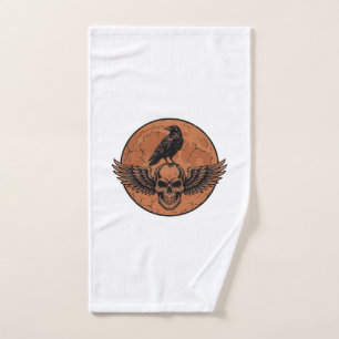Vintage Raven Winged Skull Orange Moon Vector Desi Hand Towel