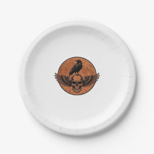 Vintage Raven Winged Skull Orange Moon Vector Desi Paper Plate
