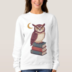 Vintage Reading Owl with Glasses and Book Stack Sweatshirt