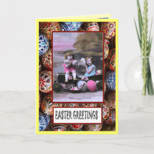 Vintage real photo, girls with eggs holiday card