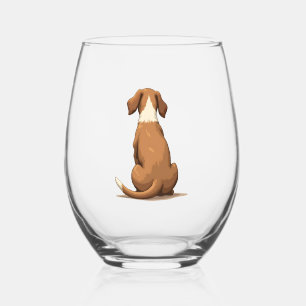 Vintage Rear View Dog Illustration Tan and White P Stemless Wine Glass