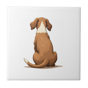 Vintage Rear View Dog Illustration Tan and White P Tile