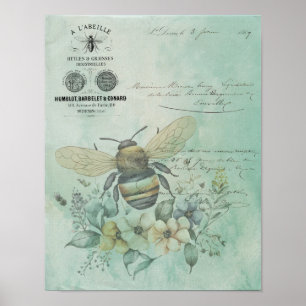 Vintage Receipt Bee Flowers Typography Poster
