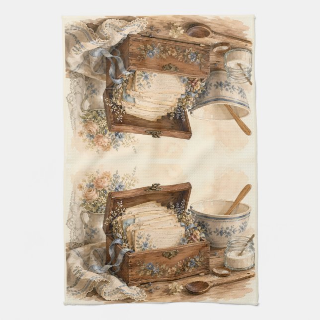 Vintage Recipe Box Cottage Kitchen Tea Towel (Vertical)