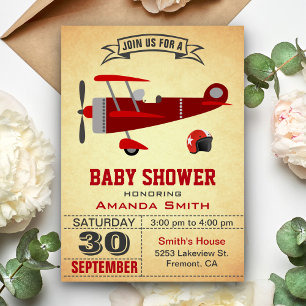 Vintage Red Aeroplane Baby Shower Invitation