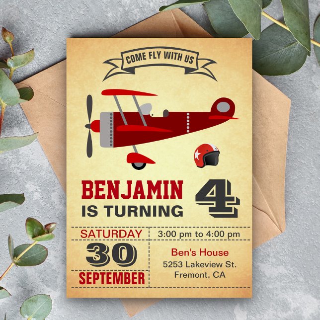 Vintage Red Aeroplane Birthday Party Invitation (Creator Uploaded)