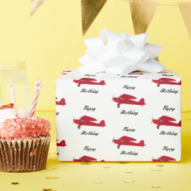 Vintage Red Aeroplane Happy Birthday Wrapping Pape Paper (Birthday Party)
