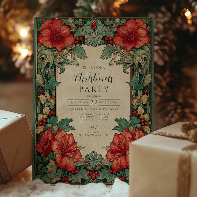 Vintage Red Amaryllis Botanical Christmas Invitation (Creator Uploaded)