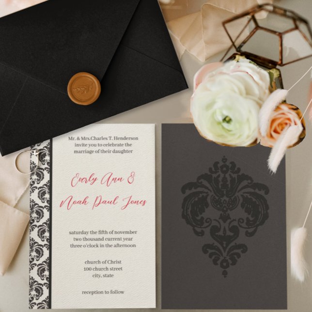 Vintage Red and Black Damask Wedding  Invitation (Creator Uploaded)