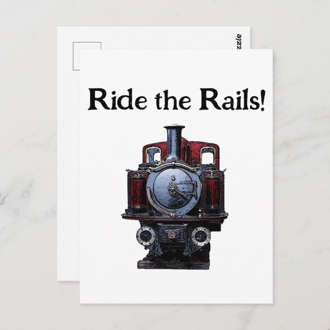 Vintage Red and Blue Train Locomotive Drawing Postcard (Front/Back)