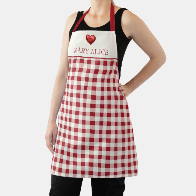 Vintage Red and Cream Gingham With Heart Apron (Insitu)