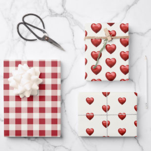 Vintage Red and Cream Gingham With Hearts Wrapping Paper Sheet