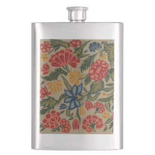 Vintage Red and Gold Crewel Floral Pattern Hip Flask