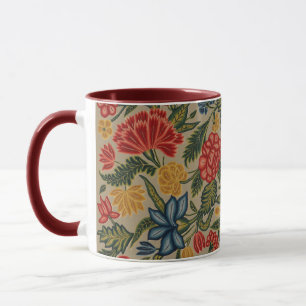Vintage Red and Gold Crewel Floral Pattern Mug