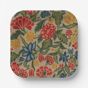 Vintage Red and Gold Crewel Floral Pattern Paper Plate