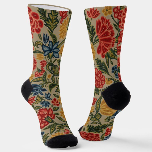 Vintage Red and Gold Crewel Floral Pattern Socks (Angled)