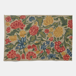Vintage Red and Gold Crewel Floral Pattern Tea Towel