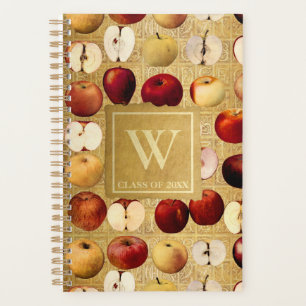 Vintage Red and Golden Apples Monogrammed Gold Planner