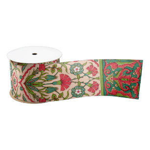 Vintage Red and Green Arabic Floral Pattern Satin Ribbon