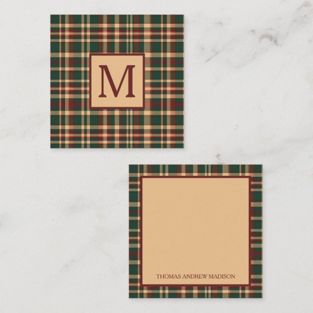 Vintage Red and Green Christmas Plaid Monogram Card (Front/Back)