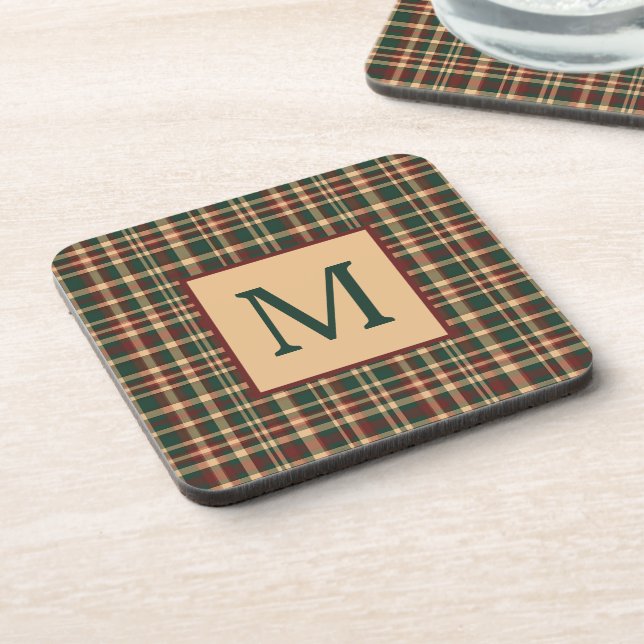 Vintage Red and Green Christmas Plaid Monogram Coaster (Left Side)
