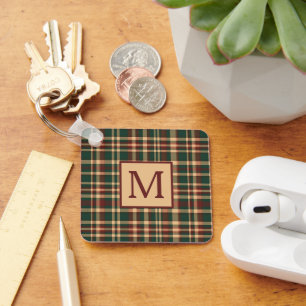 Vintage Red and Green Christmas Plaid Monogram Key Ring