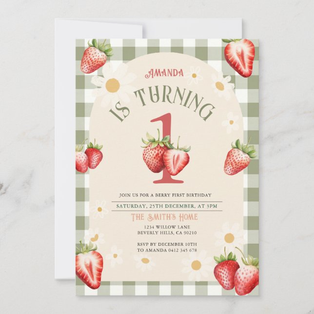 Vintage Red and Green Strawberry Daisy Birthday Invitation (Front)